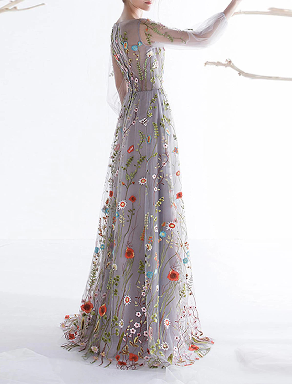 A-Line Prom Dresses Floral Dress Valentine's Day Wedding Guest Floor Length 3/4 Length Sleeve Boat Neck Tulle with Embroidery