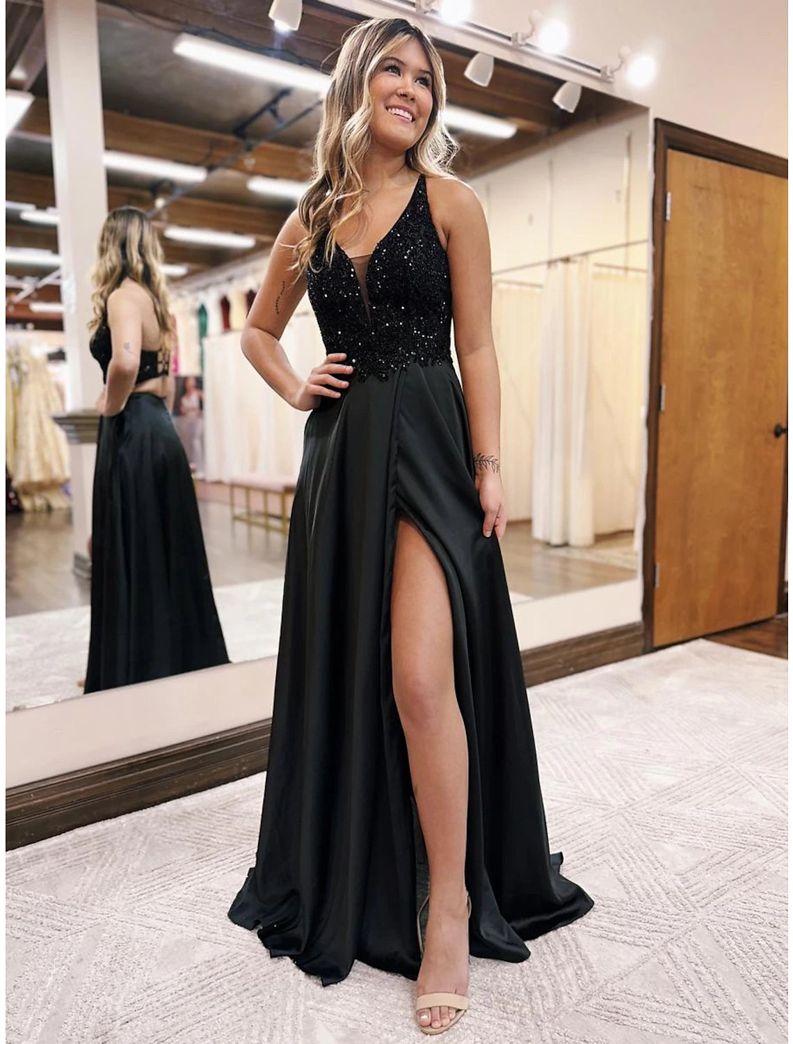 Black Satin A-Line Floor-Length Evening Dress with Sequin Bodice and High Slit