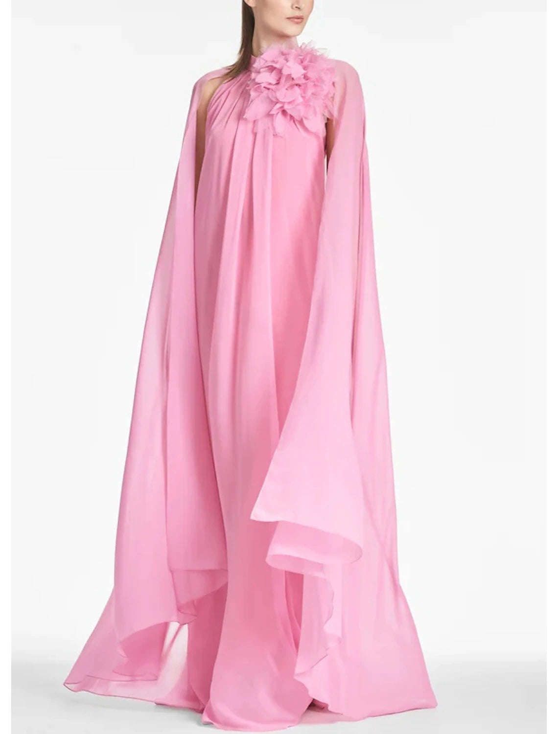 Abito da sera a trapezio, elegante, formale, da ballo, lungo fino al pavimento, senza maniche, con scollo gioiello, in chiffon e fiori sulle spalle