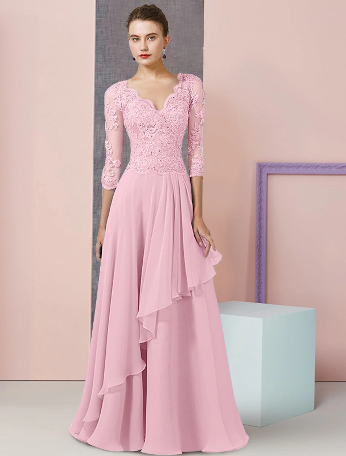 Vestido de dos piezas de corte A para madre de la novia, elegante vestido de fiesta formal para invitados a la boda, escote en V, largo hasta el suelo, de gasa, con encaje, media manga, cruzado, incluido con apliques de lentejuelas y cuentas.
