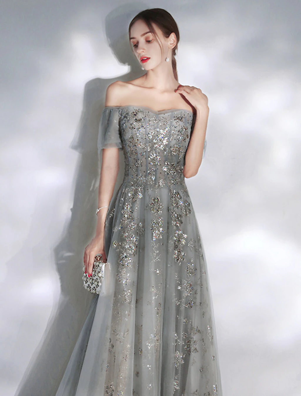 Abito da sera a trapezio, scintillante, da fidanzamento, formale, lungo, a maniche corte, con spalle scoperte, in spandex con applicazioni di paillettes