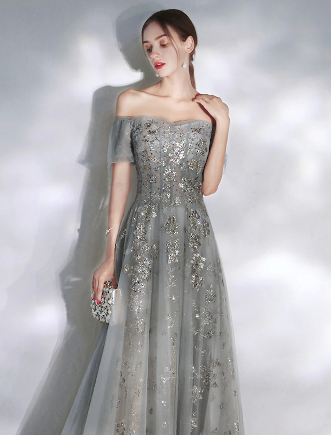 Sparkling Sage Green Tulle Off-the-Shoulder A-Line Gown