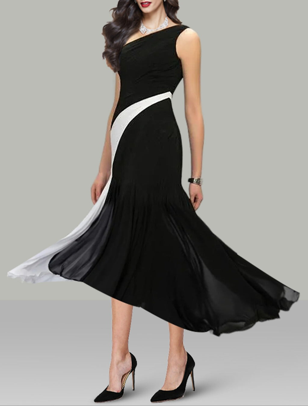Black Chiffon One Shoulder Midi Dress - Sheath/column with Ruched Bodice & Diagonal Color Block
