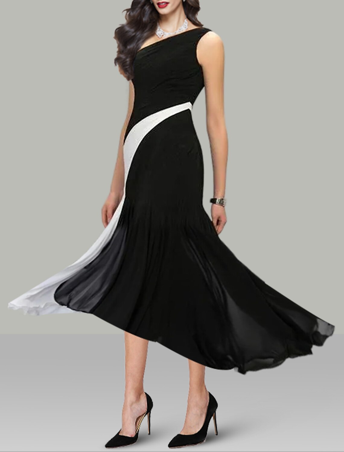Black Chiffon One Shoulder Midi Dress - Sheath/column with Ruched Bodice & Diagonal Color Block