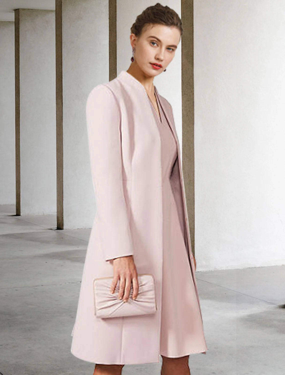 Vestido de dos piezas de corte A para madre de la novia, para invitada de boda, iglesia, elegante, cuello en V, largo hasta la rodilla, de gasa, manga corta, chaqueta, vestidos con color sólido, otoño