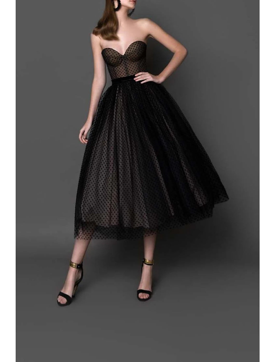Black Tulle A-Line Tea-Length Dress with Sweetheart Neckline and Back Zip - Jimiss