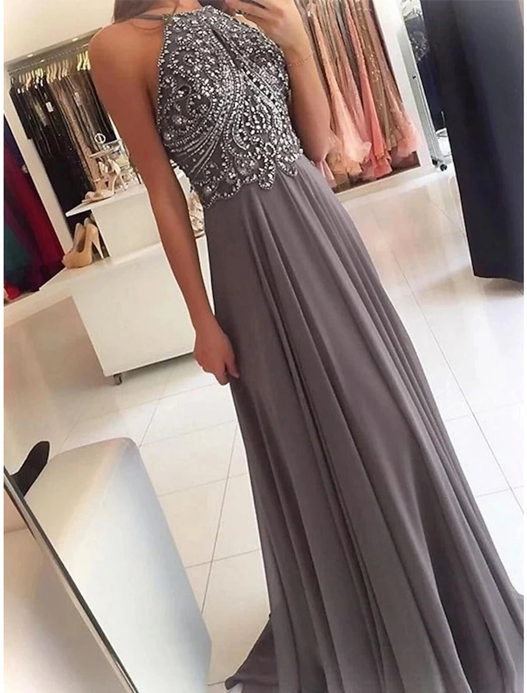 Grey Chiffon A-Line Floor-Length Dress with Halter Neckline