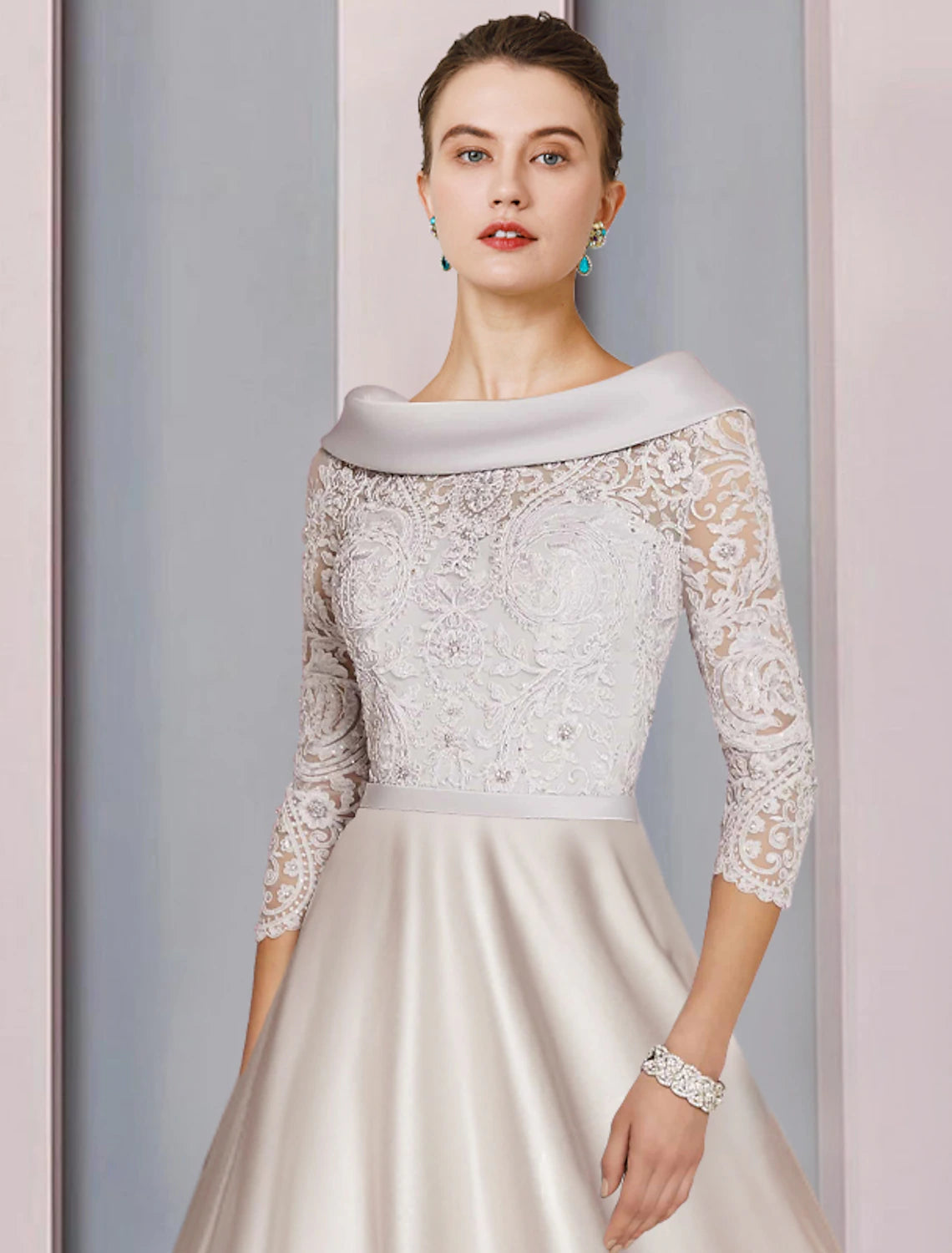 Champagne Lace Off-the-Shoulder A-Line Tea-Length Mother of the Bride Dress