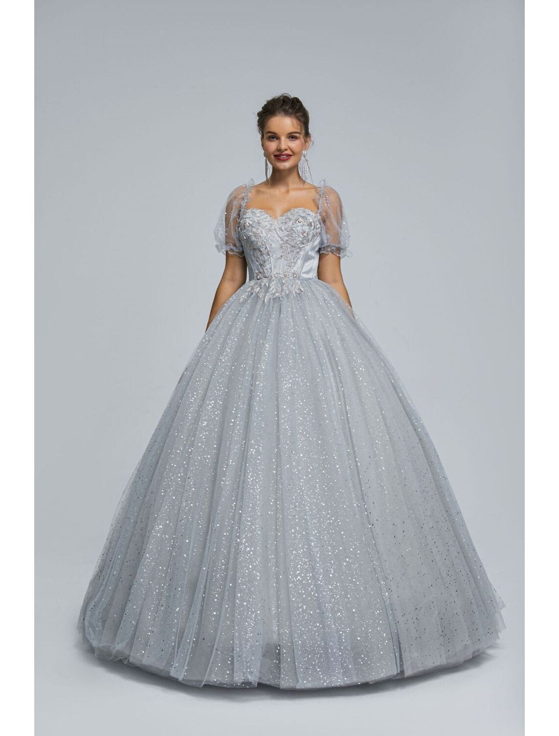 Lilac Sweetheart Ball Gown Floor-Length Tulle Evening Dress with Glitter Skirt