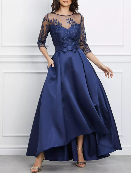 Black Satin A-Line Asymmetrical Evening Dress with Illusion Bodice