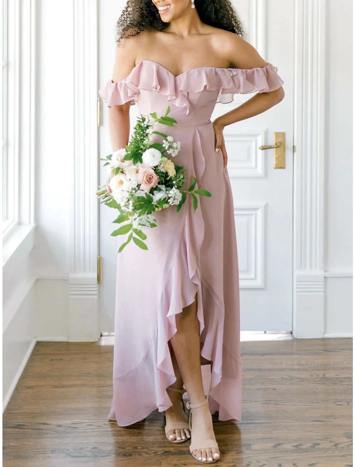 Blushing Pink Chiffon A-Line High-Low Dress with Off-the-Shoulder Neckline