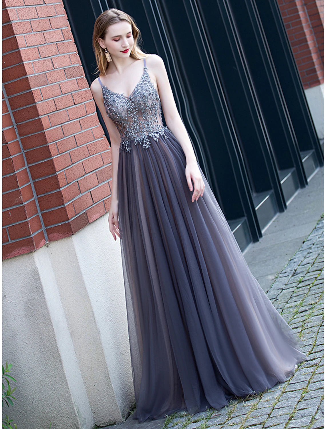 Grey Tulle A-Line V-Neck Embellished Floor-Length Evening Dress