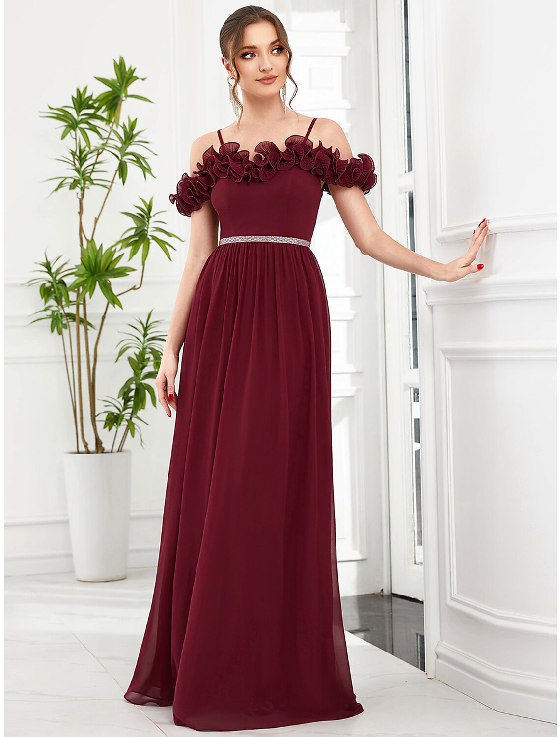 Off-the-Shoulder Ruffled Burgundy Chiffon A-Line Floor-Length Bridesmaid Dress