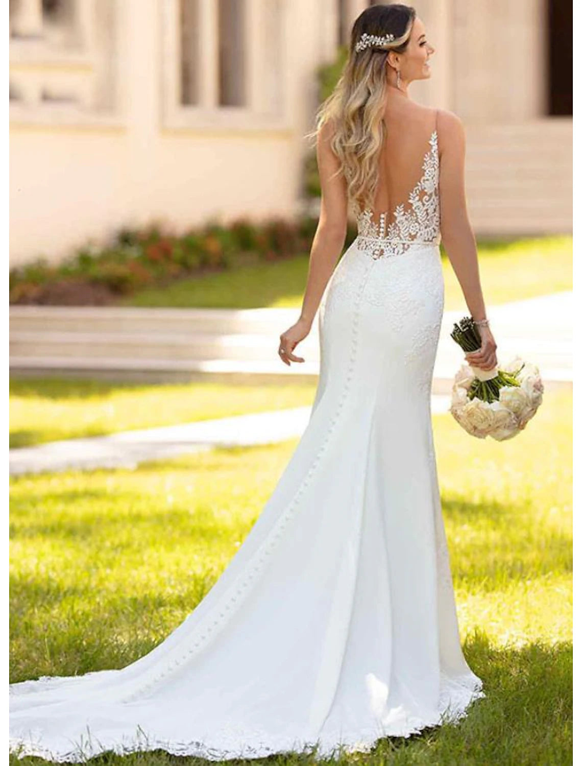 Vestidos de novia formales de corte sirena/trompeta con escote en V, sin mangas, con espalda descubierta y encaje, con apliques, para verano, bodas y fiestas.