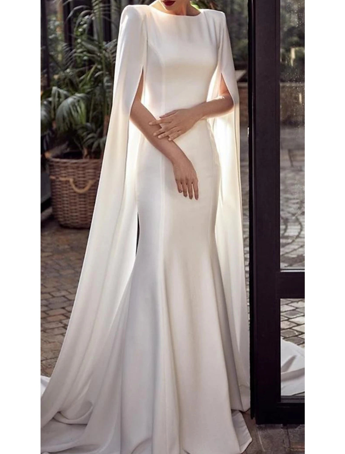Abito da sera a sirena, abito lungo, abito da cerimonia, abito da cerimonia formale, strascico, senza maniche, scollo gioiello, mantelle in chiffon con scialle 2025