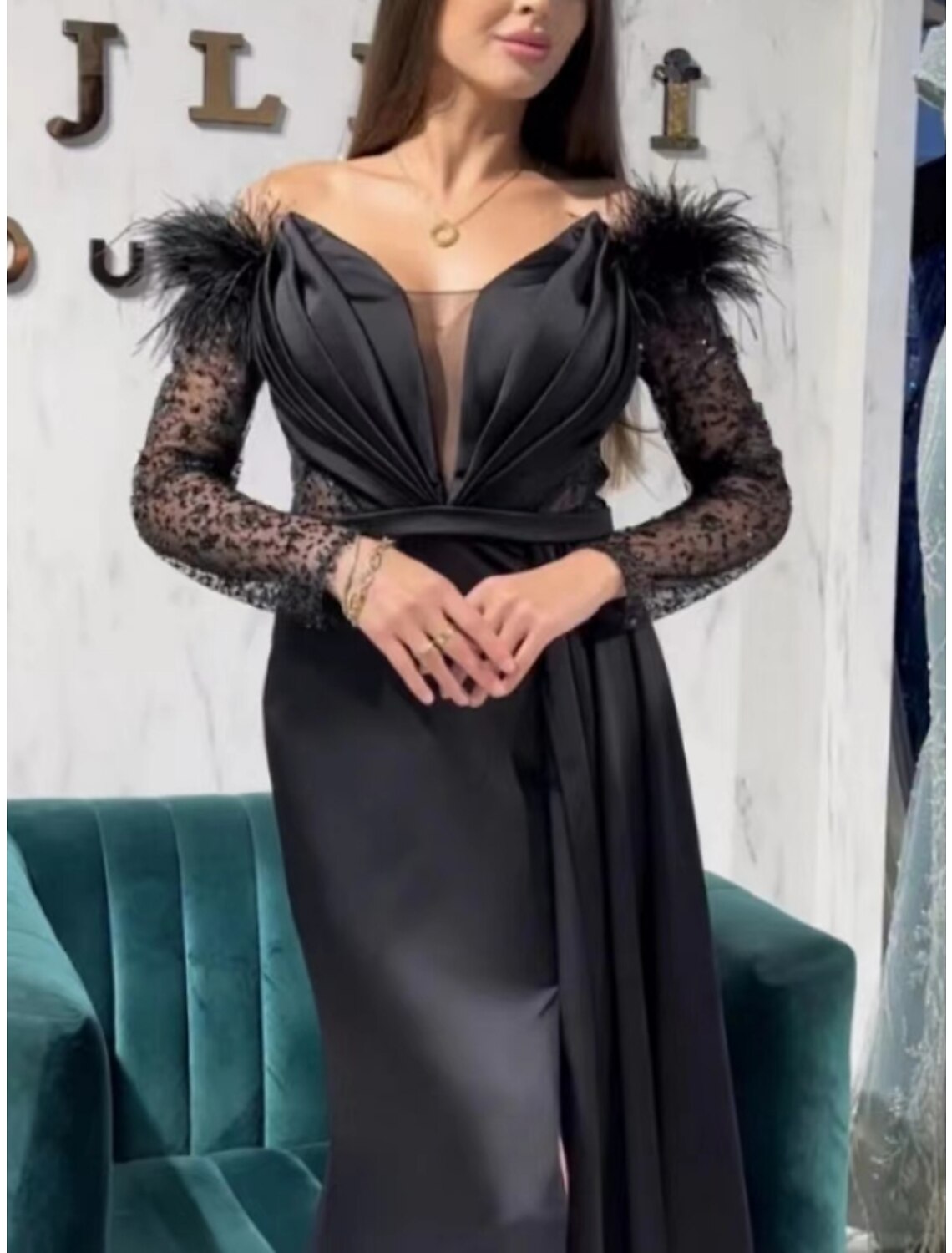A-Line Evening Gown Party Dress Black Dress Formal Sweep / Brush Train Long Sleeve Off Shoulder Sequined with Feather Pleats Slit 2025