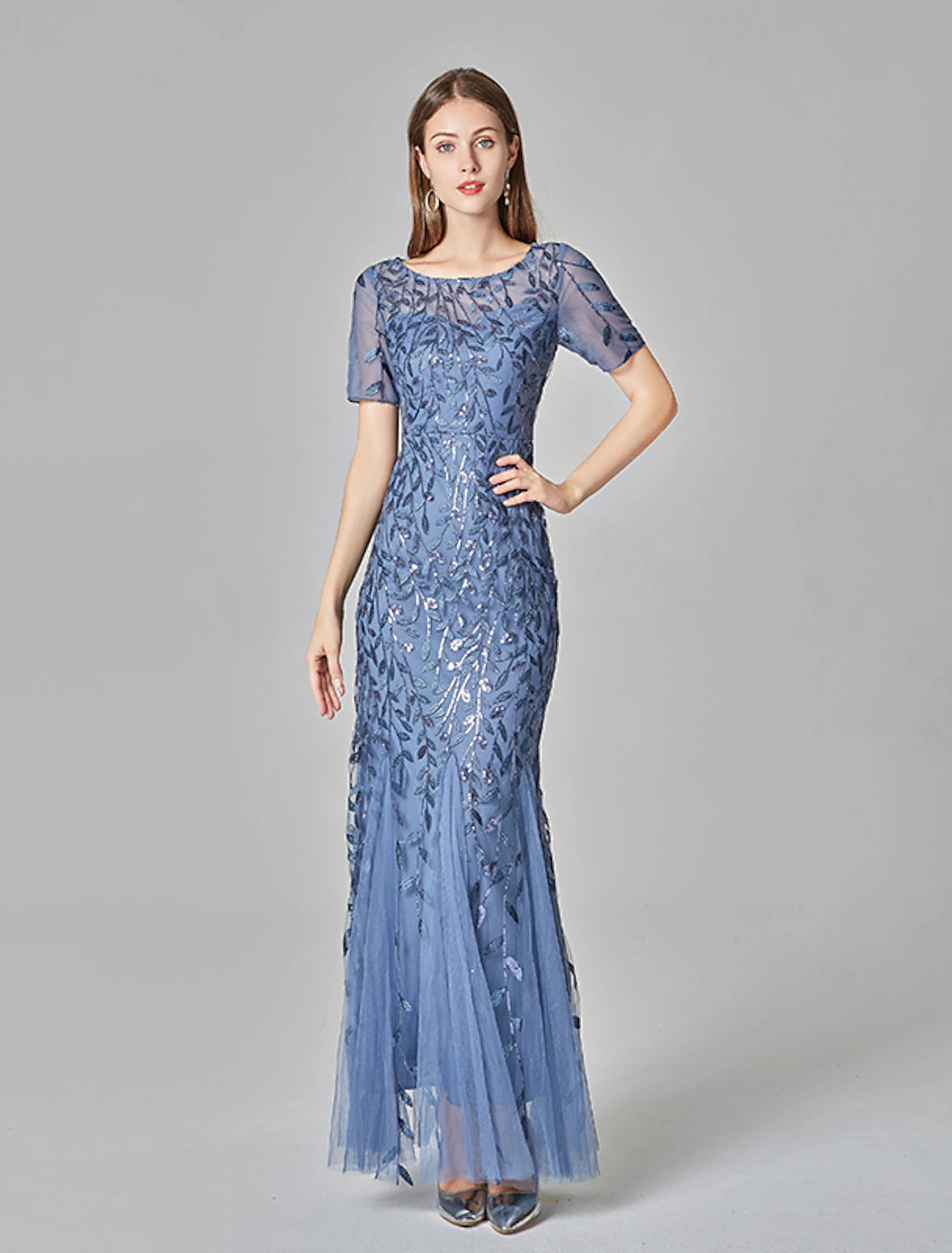 Vestido de sirena, vestido de noche, estilo imperio, vestido formal rojo y verde, largo hasta el suelo, manga corta, cuello joya, vestido de otoño para invitada de boda, tul con bordado