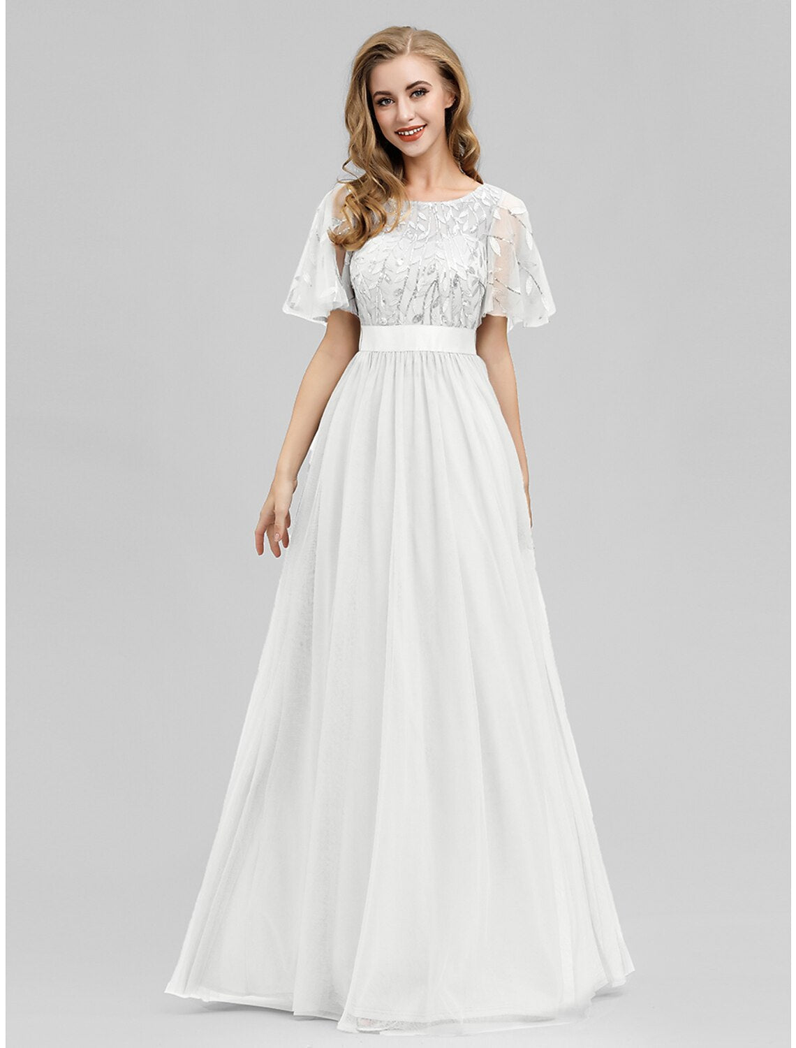 Vestidos de fiesta de corte A, estilo imperio, para invitadas de boda, para graduación, largo hasta el suelo, manga corta, cuello joya, vestido de dama de honor de tul con apliques de lentejuelas