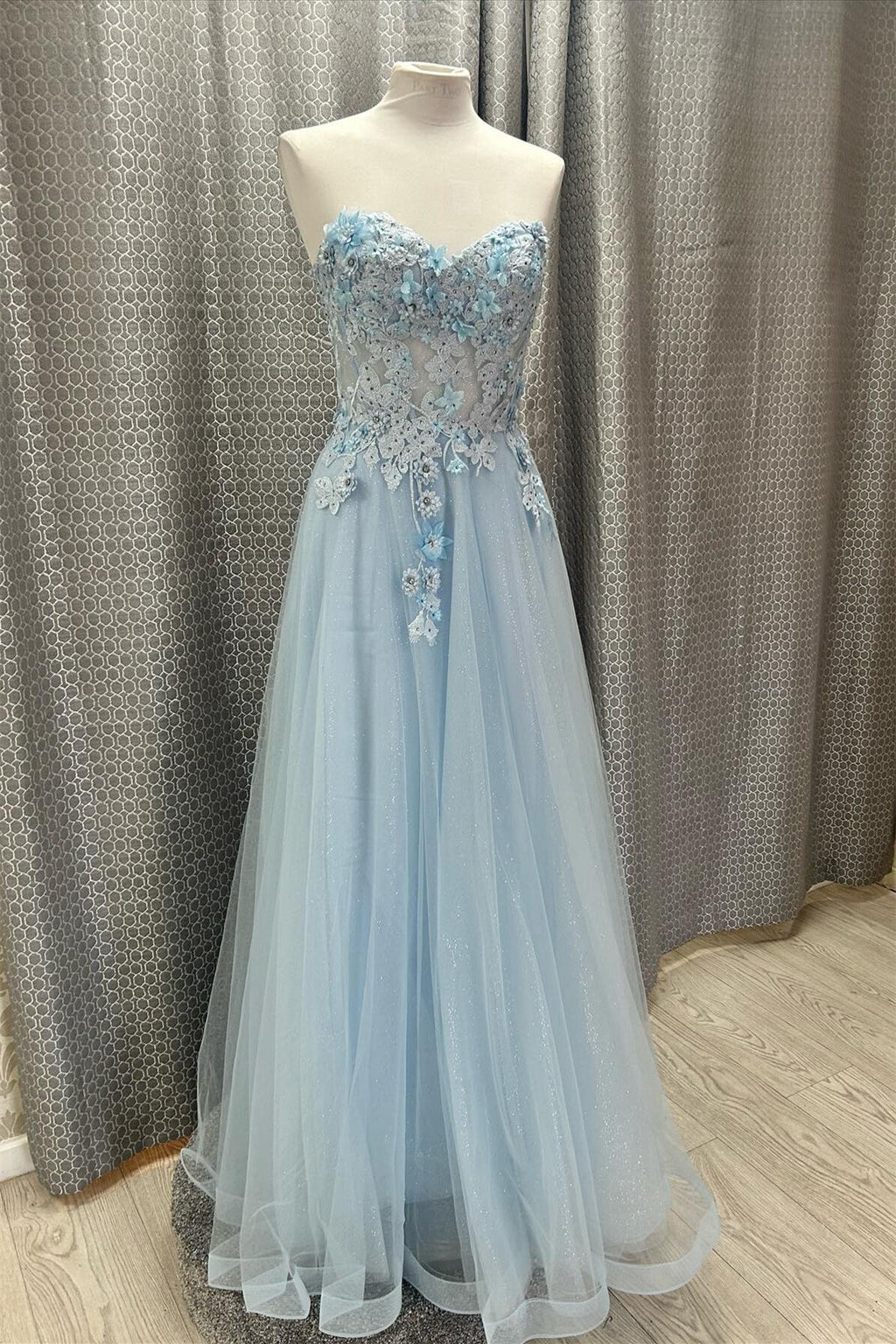 Light Blue Glitter Tulle A-line Strapless Sweetheart Zipper Back Long Prom Dress