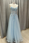 Light Blue Glitter Tulle A-line Strapless Sweetheart Zipper Back Long Prom Dress