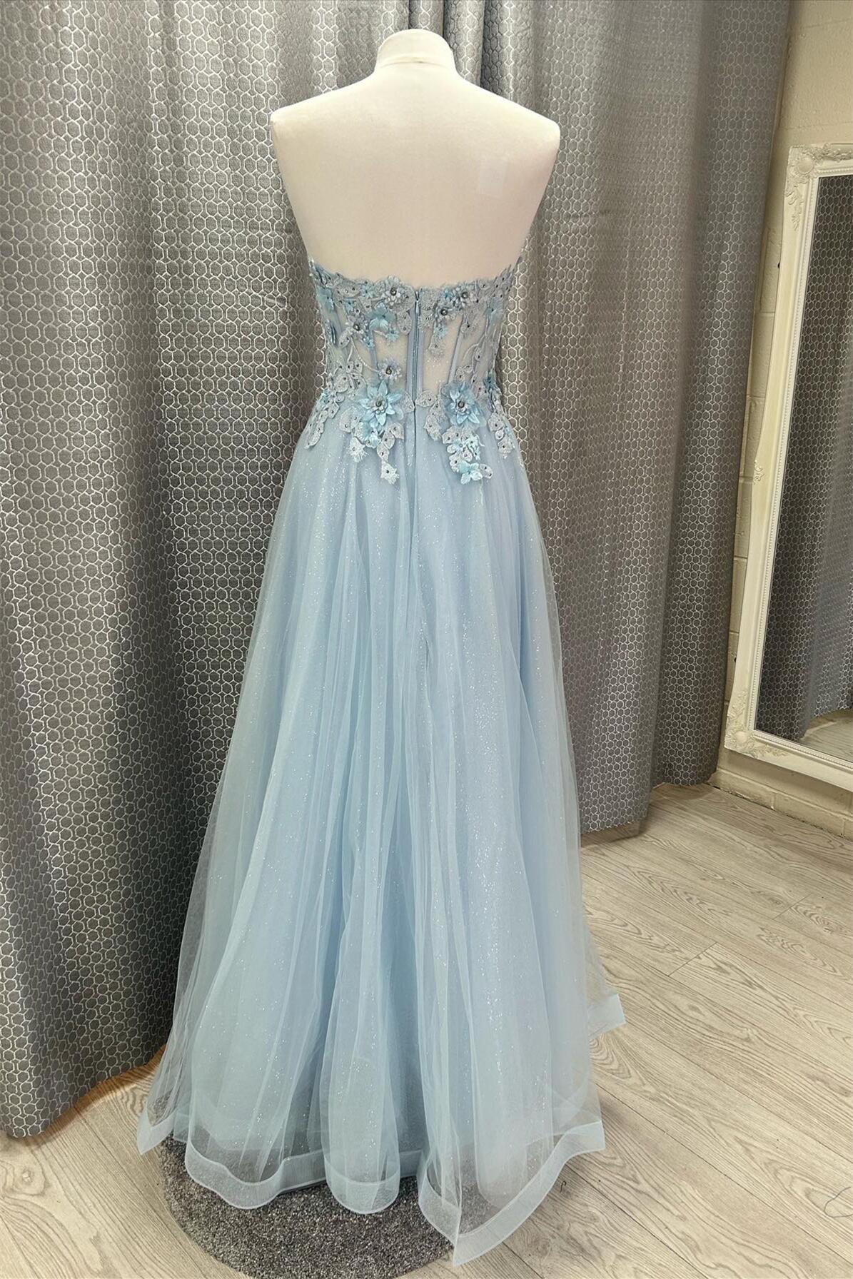 Light Blue Glitter Tulle A-line Strapless Sweetheart Zipper Back Long Prom Dress