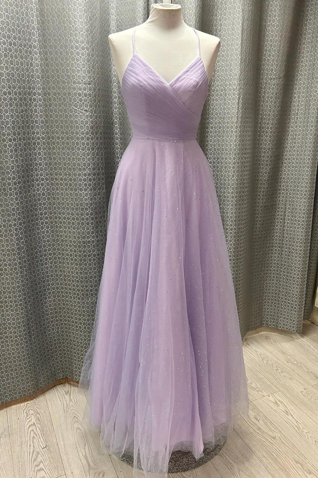 Sparkly A-line V-neck Sleeveless Crisscross Lavender Floor Prom Dress