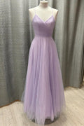 Sparkly A-line V-neck Sleeveless Crisscross Lavender Floor Prom Dress