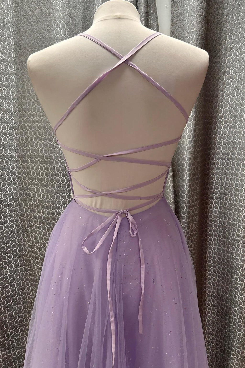 Sparkly A-line V-neck Sleeveless Crisscross Lavender Floor Prom Dress