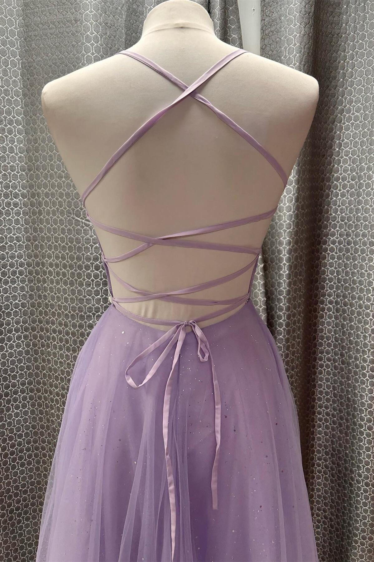 Sparkly A-line V-neck Sleeveless Crisscross Lavender Floor Prom Dress
