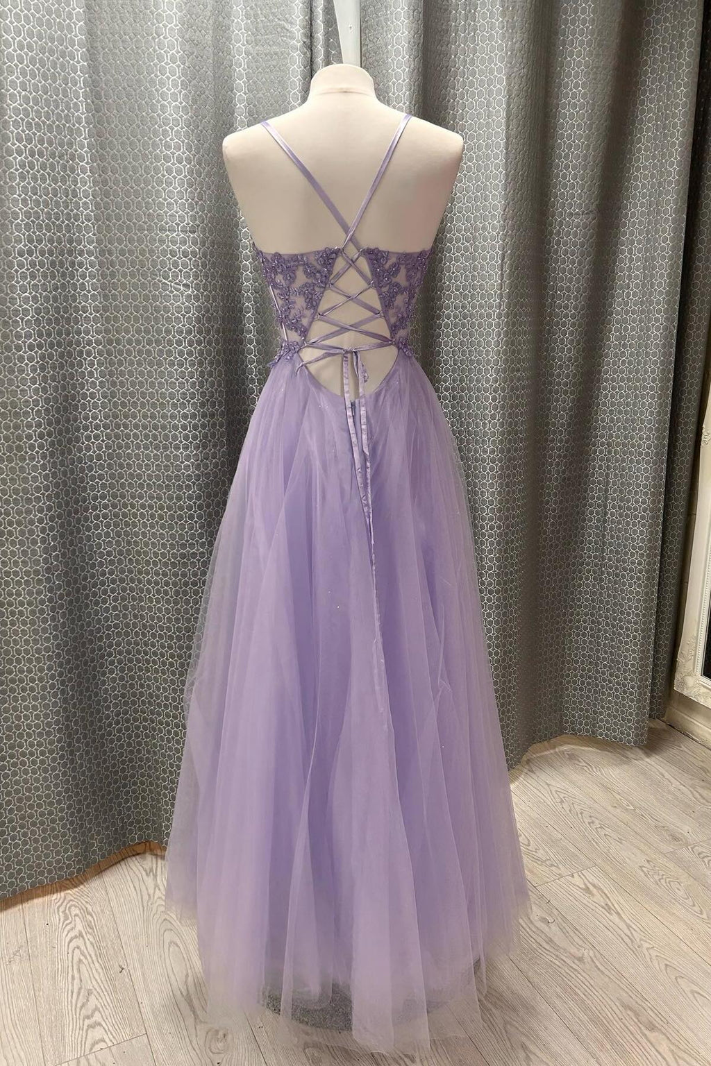 Lavender Glitter Tulle A-line V-neck Sleeveless Lace-up Back Long Prom Dress