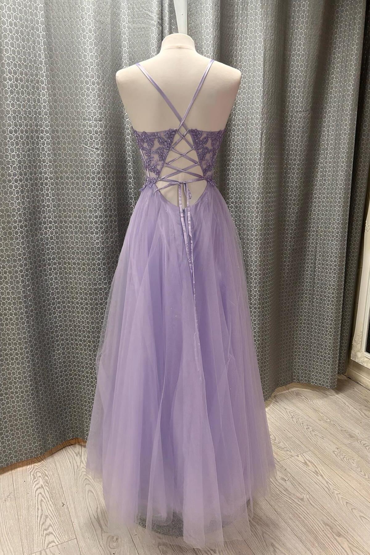 Lavender Glitter Tulle A-line V-neck Sleeveless Lace-up Back Long Prom Dress