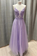 Lavender Glitter Tulle A-line V-neck Sleeveless Lace-up Back Long Prom Dress