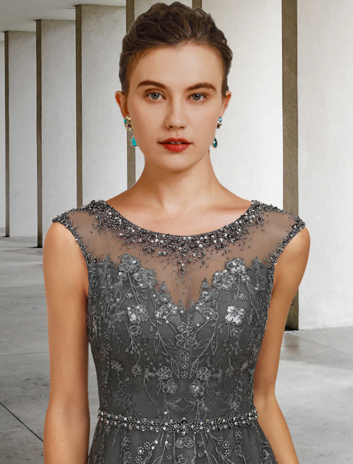 Abito da cerimonia per la madre della sposa a trapezio, elegante, lussuoso, con scollo gioiello, lunghezza pavimento, in pizzo, tulle, senza maniche, con fascia/nastro, perline e paillettes