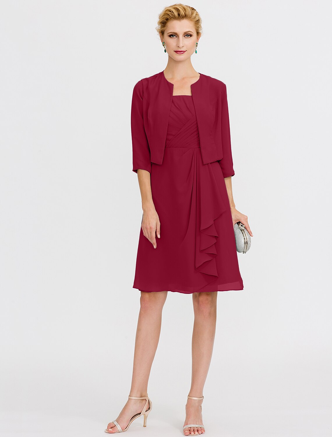 Abito da sposa a trapezio, elegante, corto/mini, in chiffon, senza maniche, con pieghe e perline, due pezzi, formale