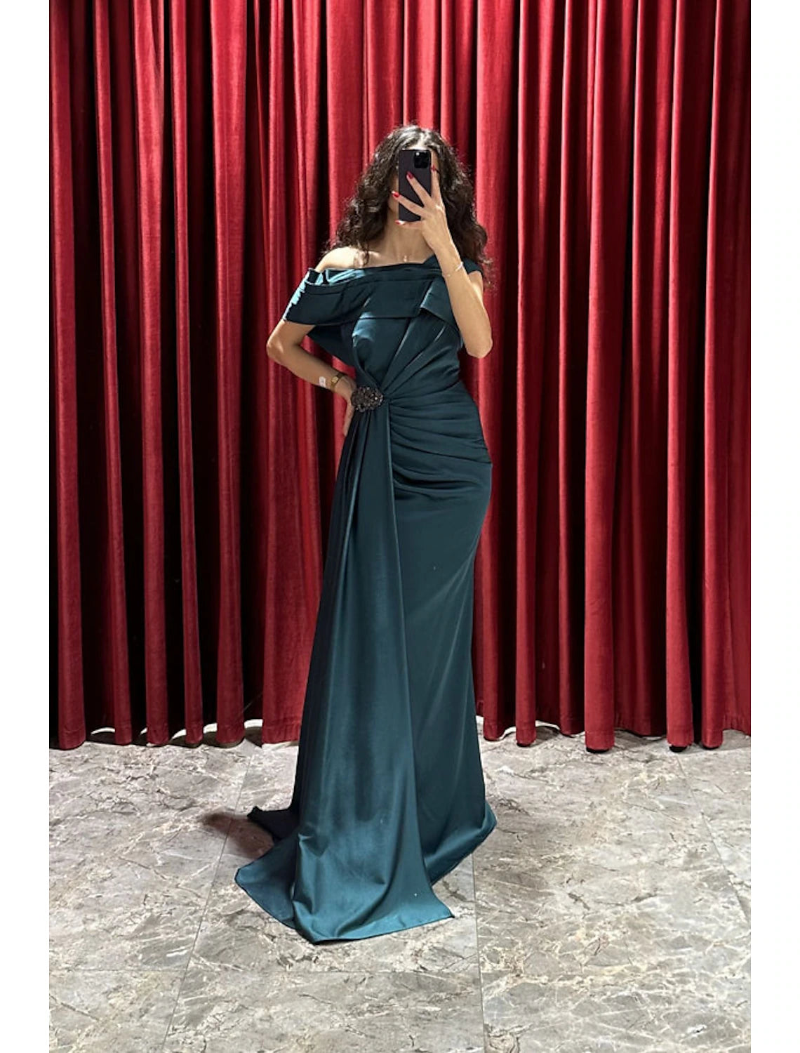 Emerald Satin Off-the-Shoulder Floor-Length Evening Dress