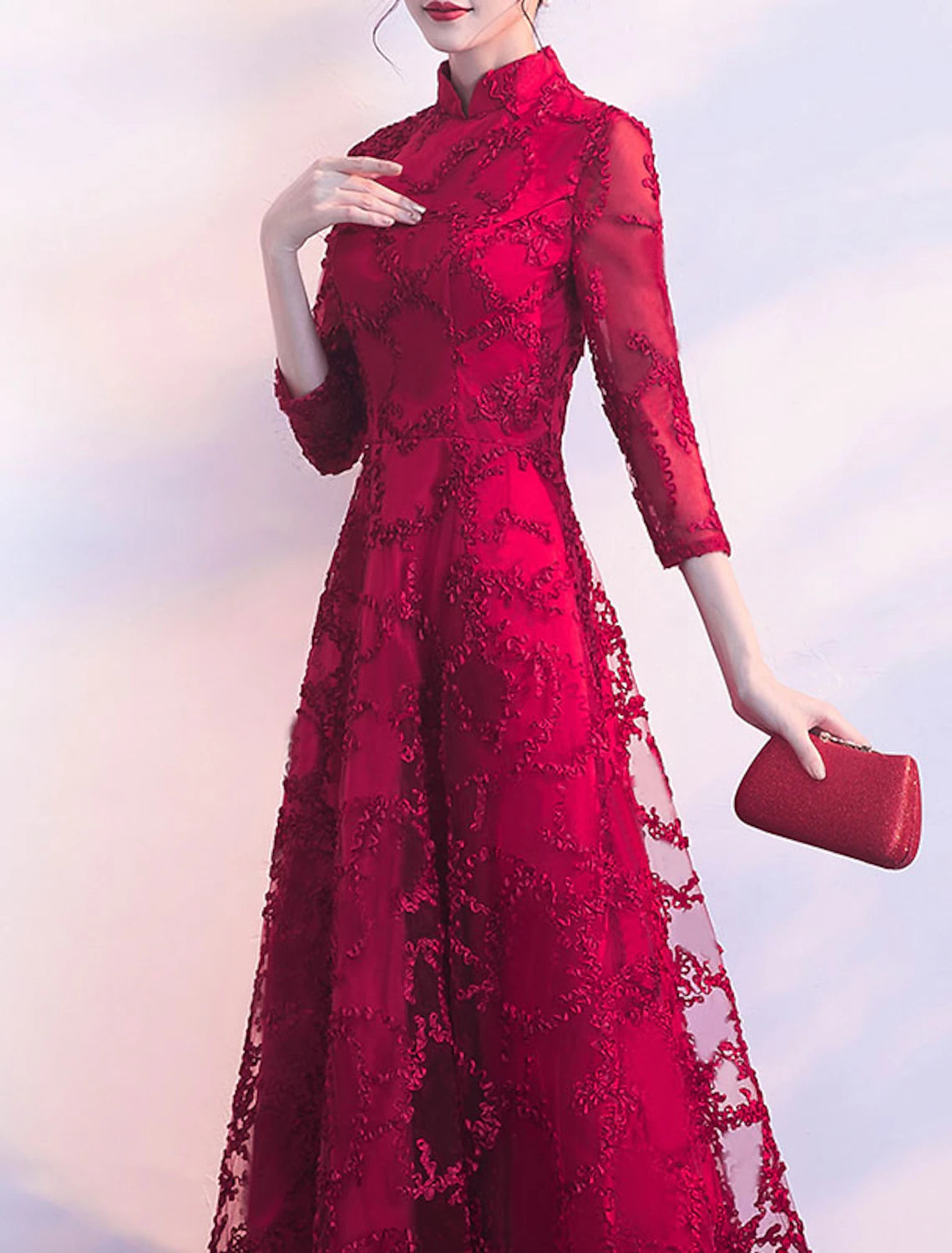 A-Line Chinese Style Vintage Prom Formal Evening Dress Stand Collar 3/4 Length Sleeve Floor Length Tulle with Pleats Appliques
