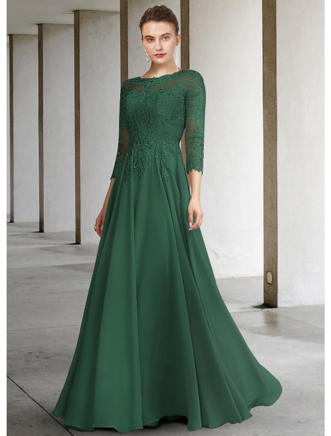 Forest Green Lace A-Line Floor-Length Evening Dress with Illusion Sleeves