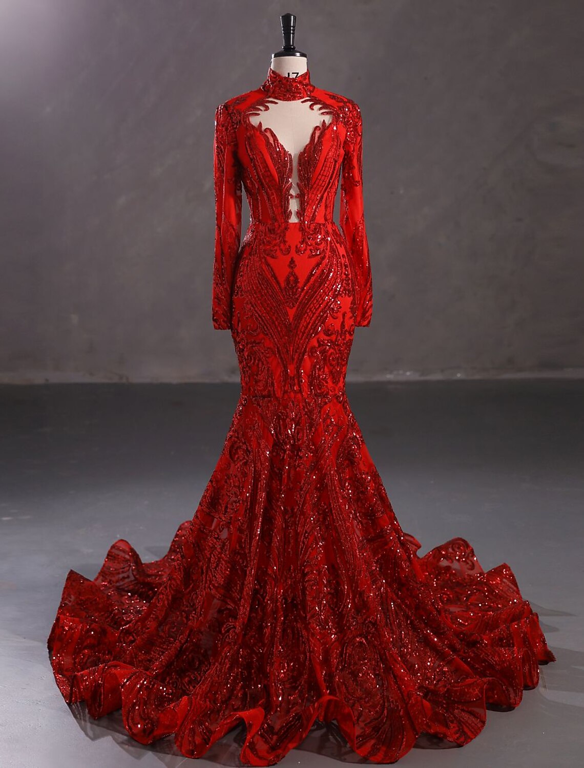 Vestido de fiesta de sirena, vestido de noche, vestido brillante y resplandeciente, vestido de carnaval, Navidad, rojo y verde, cola de corte, manga larga, cuello alto, encaje con lentejuelas