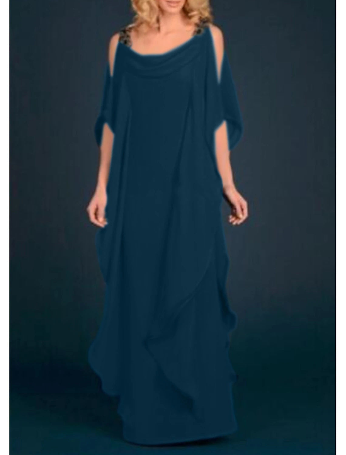 Royal Blue Chiffon A-Line Floor-Length Evening Dress with Cowl Neck & Cold Shoulder Sleeves