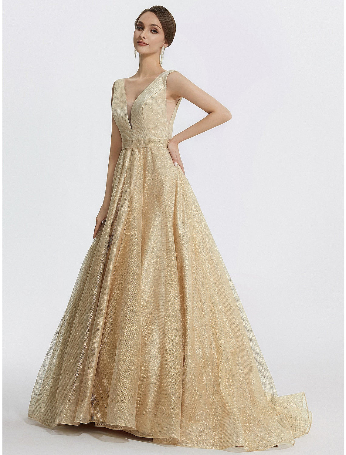 Vestido de fiesta con brillo, para boda, quinceañera, largo hasta el suelo, sin mangas, cuello en V, tul con brillo