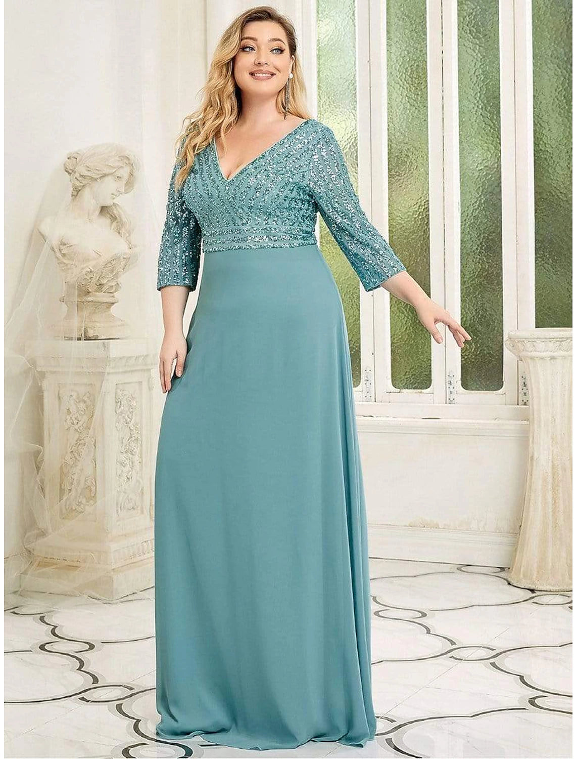 Teal Sequin & Chiffon A-Line V-Neck Floor-Length Gown
