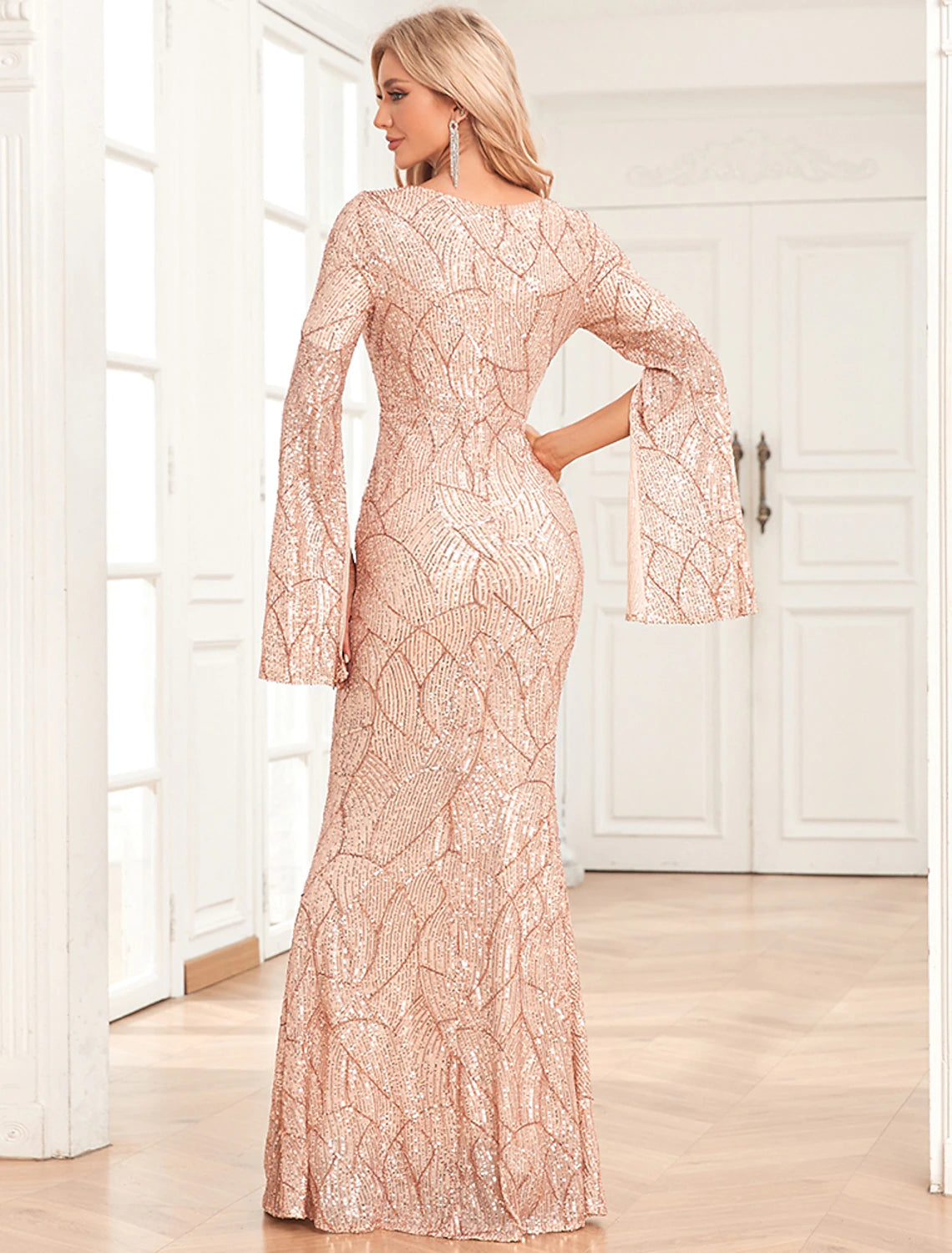 Rose Gold Sequin Mermaid Floor-Length Evening Dress with V-Neck and Split Bell Sleeves