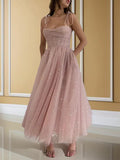 Dreamy Blush Sequin Tulle A-Line Sweetheart Tie Strap Open Back Midi Homecoming Dress