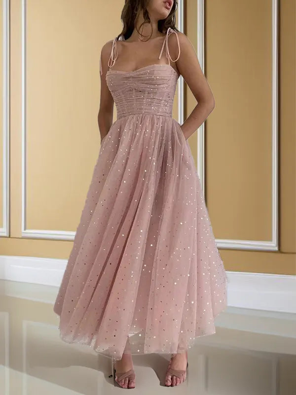 Dreamy Blush Sequin Tulle A-Line Sweetheart Tie Strap Open Back Midi Homecoming Dress