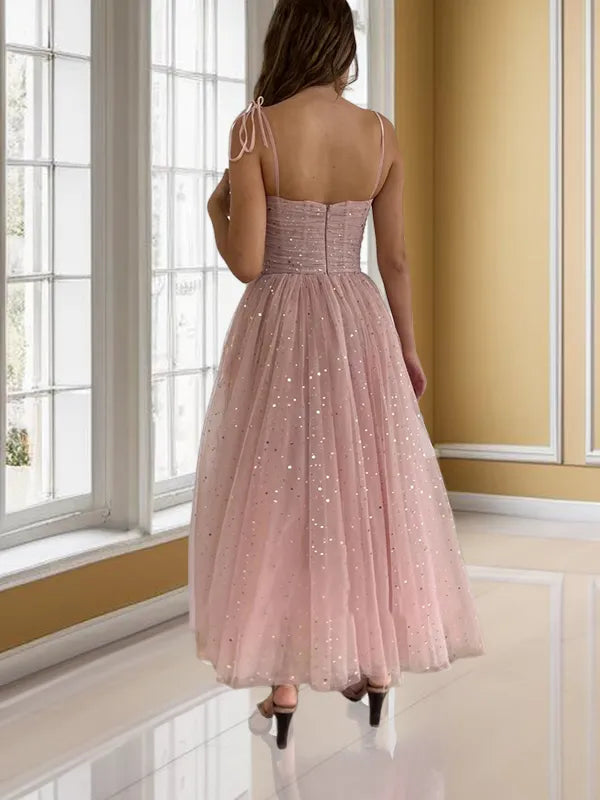 Dreamy Blush Sequin Tulle A-Line Sweetheart Tie Strap Open Back Midi Homecoming Dress