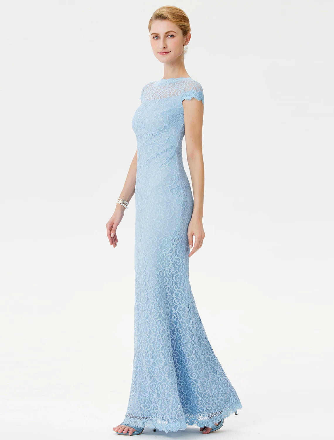 Abito da madre della sposa a tubino/colonna, elegante, con scollo a V, lunghezza al pavimento, in pizzo, maniche corte, senza pizzo