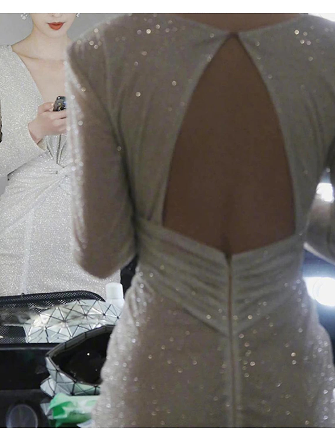 Sheath / Column Homecoming Dresses Sparkle &amp; Shine Dress Party Wear Wedding Party Tea Length Long Sleeve V Neck Sequined with Sequin Slit 2025