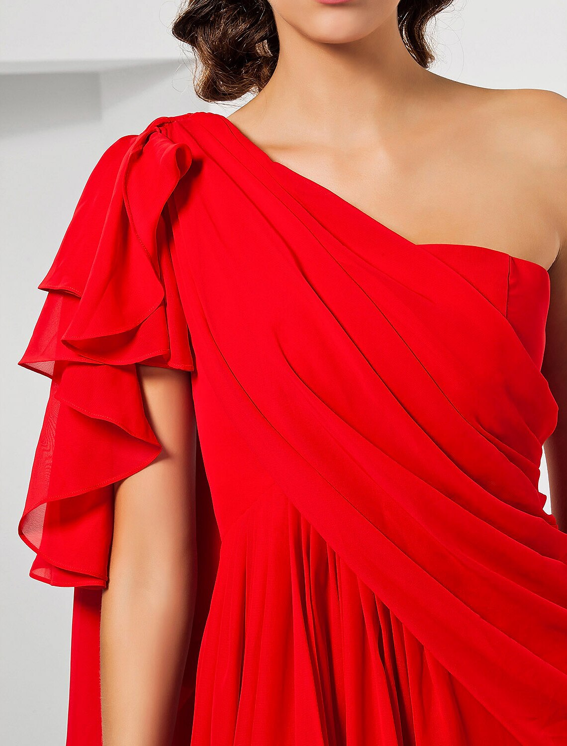 Red Chiffon A-Line Floor-Length Dress with One Shoulder & High Slit