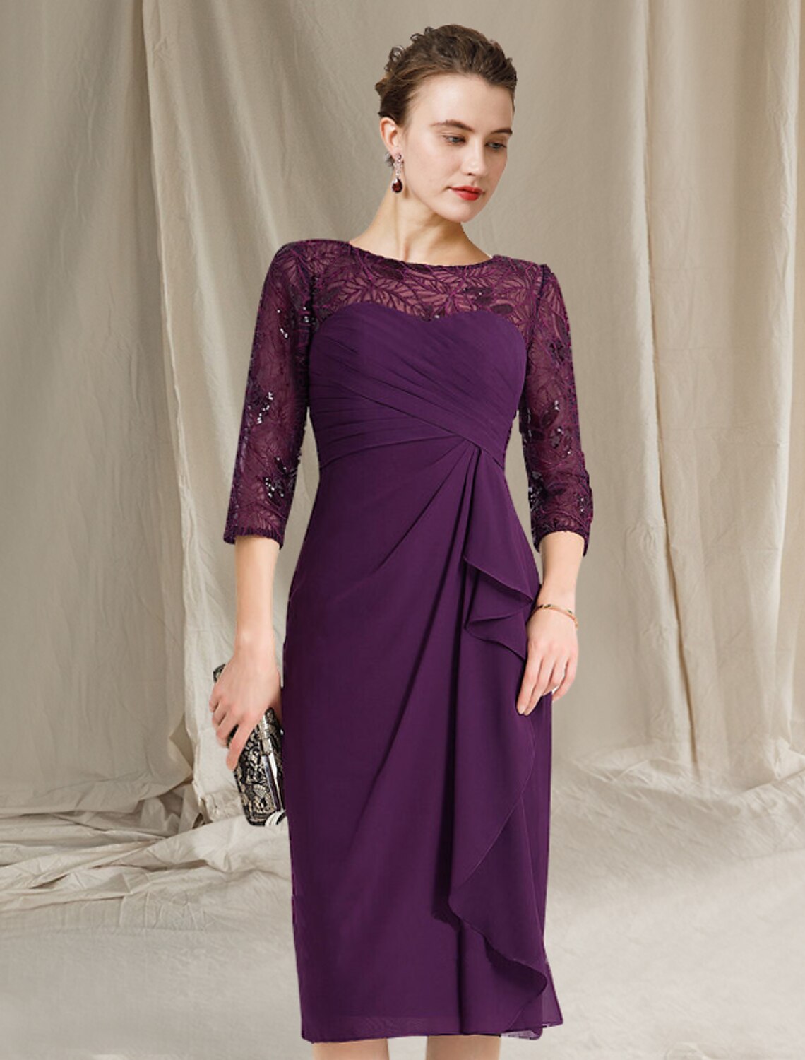 Purple Chiffon Tea-Length Evening Dress - Sheath/column Boat Neck with Sequined Lace Bodice