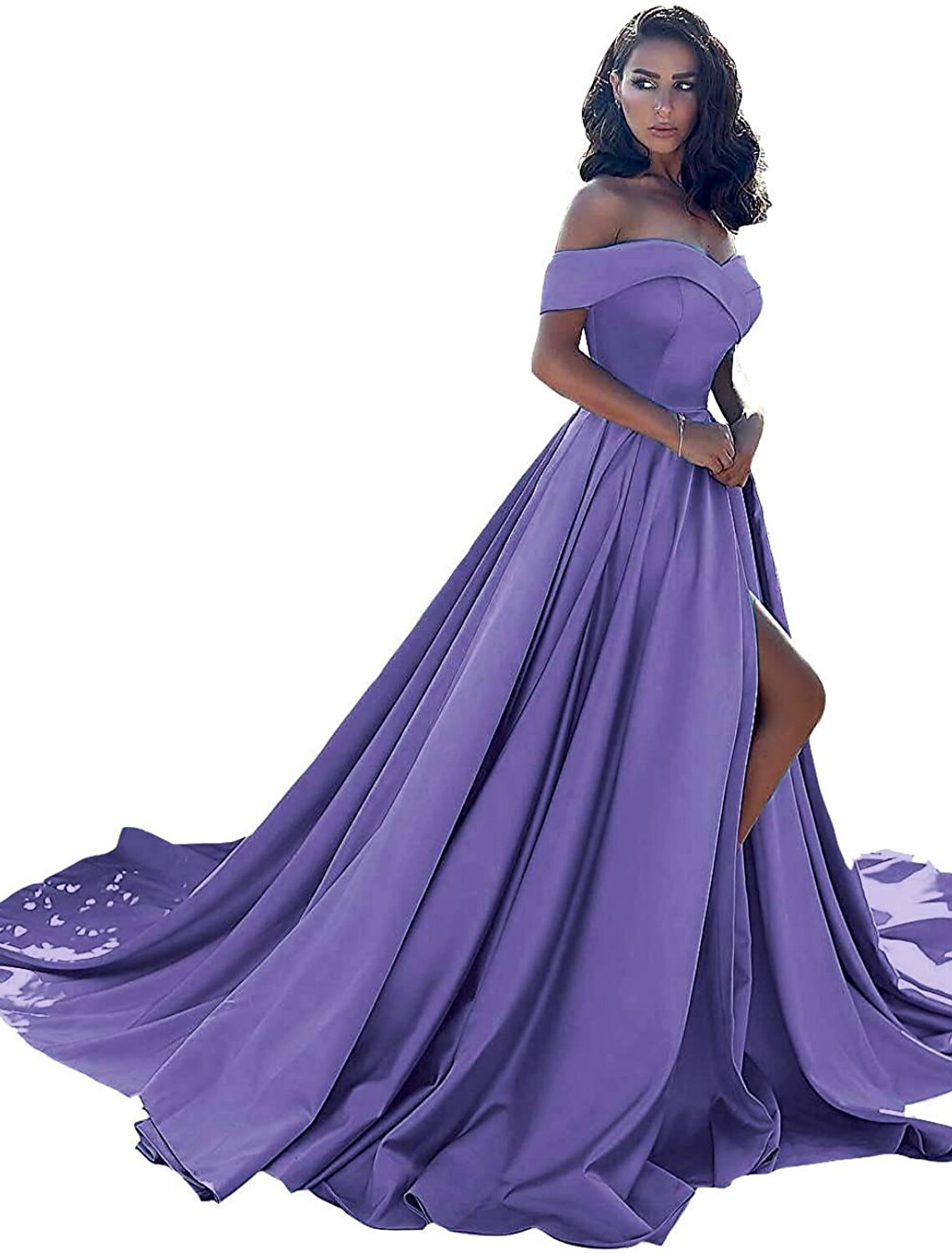 Abito da sera formale, sexy, minimalista, a trapezio, con spalle scoperte, senza maniche, strascico a cappella, in raso con spacco frontale